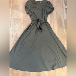 Calvin Klein Green A-Line Midi Dress with Tie Waist